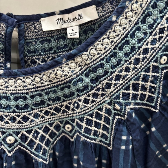 Madewell Embroidered Puff-Sleeve Babydoll Dress in Indigo Plaid Large - Picture 6 of 9